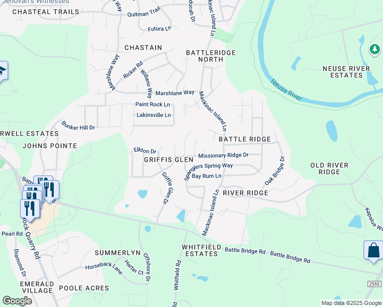 map of restaurants, bars, coffee shops, grocery stores, and more near 6907 Missionary Ridge Drive in Raleigh