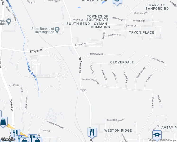 map of restaurants, bars, coffee shops, grocery stores, and more near 3818 Cason Street in Garner