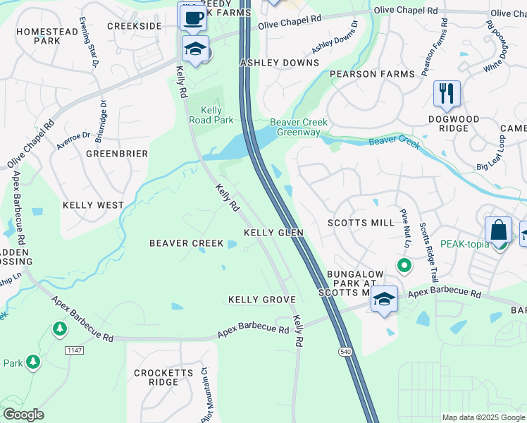 map of restaurants, bars, coffee shops, grocery stores, and more near 1814 Kelly Glen Drive in Apex