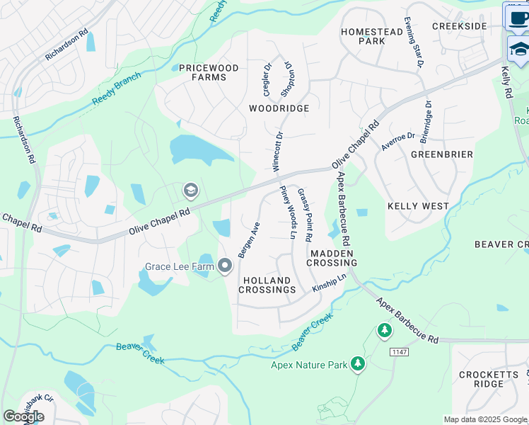 map of restaurants, bars, coffee shops, grocery stores, and more near 205 Bergen Avenue in Apex