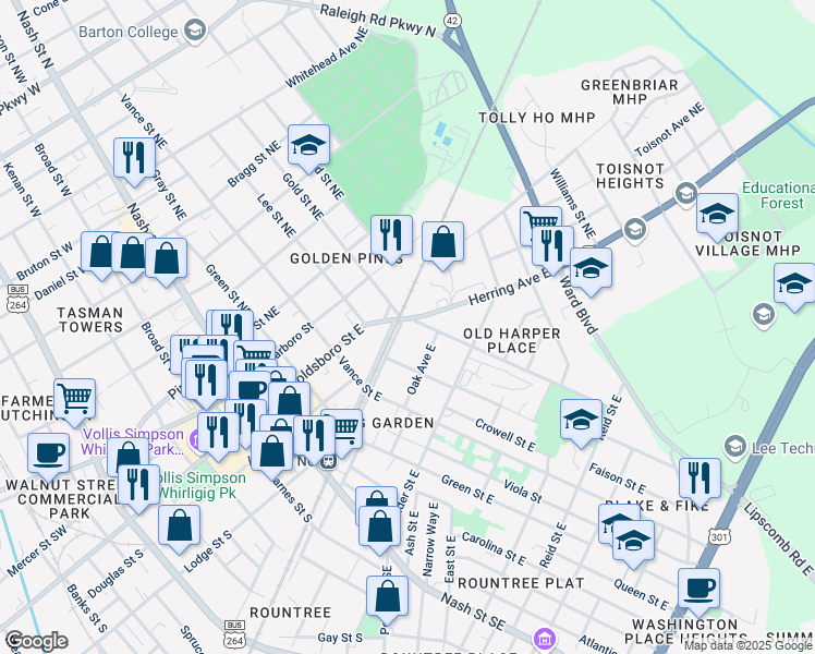 map of restaurants, bars, coffee shops, grocery stores, and more near 300 Gold Street East in Wilson