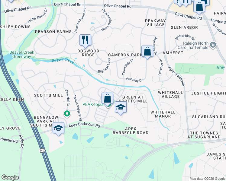 map of restaurants, bars, coffee shops, grocery stores, and more near 502 Village Loop Drive in Apex