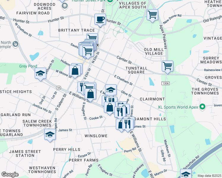 map of restaurants, bars, coffee shops, grocery stores, and more near 208 Cunningham Street in Apex