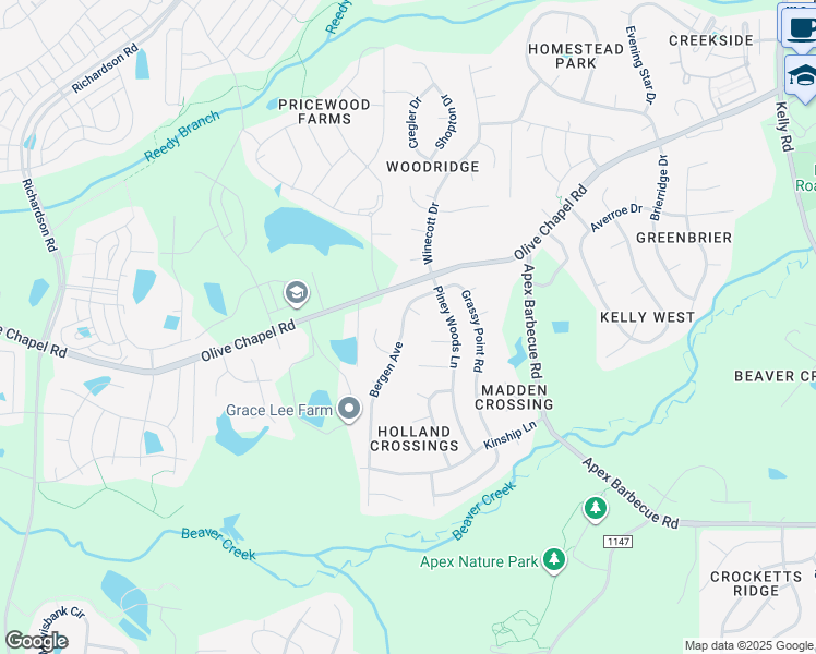 map of restaurants, bars, coffee shops, grocery stores, and more near 205 Bergen Avenue in Apex