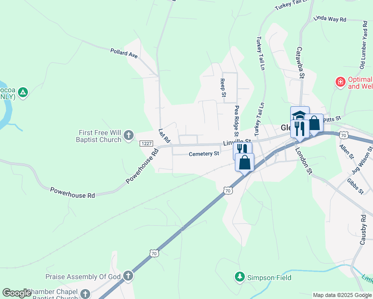 map of restaurants, bars, coffee shops, grocery stores, and more near 123 Cemetery Street in Morganton