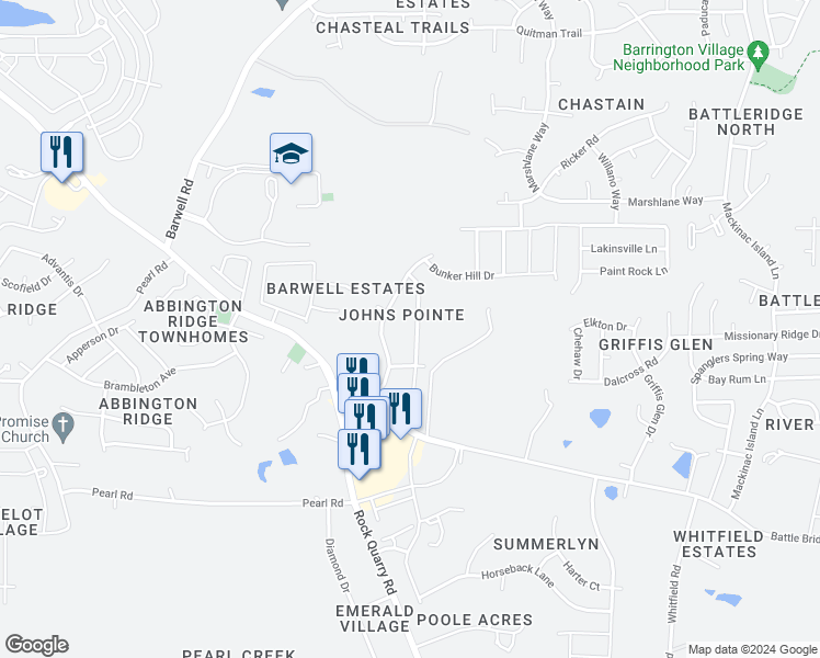 map of restaurants, bars, coffee shops, grocery stores, and more near 3954 Patriot Ridge Court in Raleigh