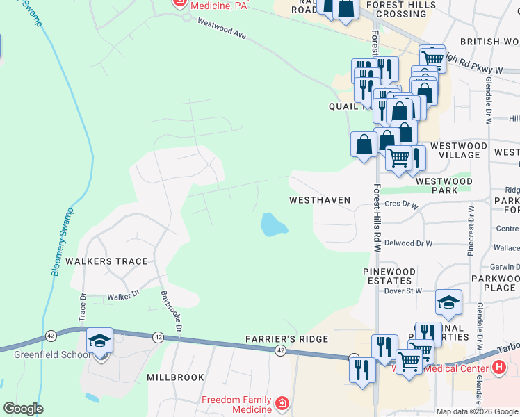 map of restaurants, bars, coffee shops, grocery stores, and more near 2917 Blackberry Court West in Wilson