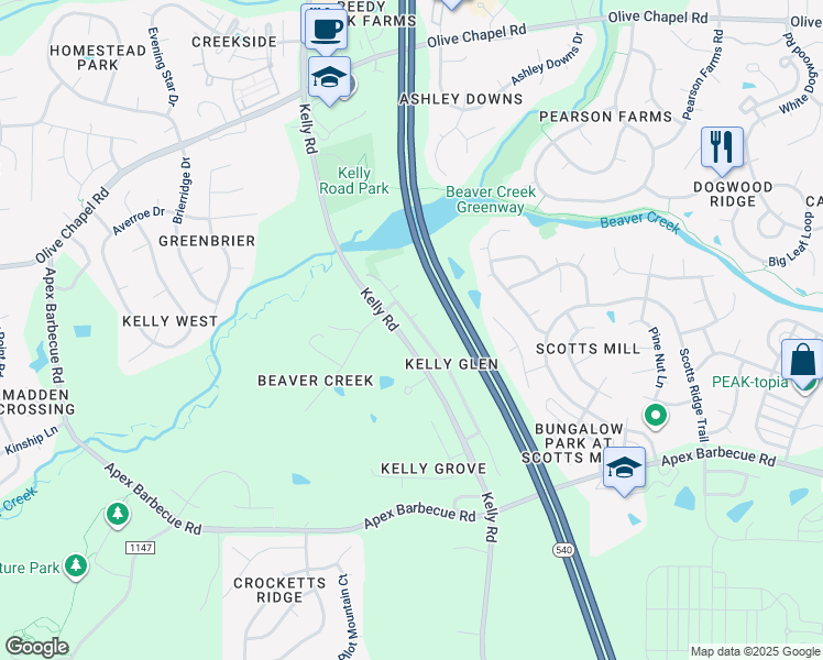 map of restaurants, bars, coffee shops, grocery stores, and more near 1809 Kelly Glen Drive in Apex