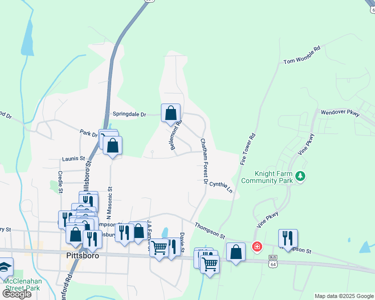 map of restaurants, bars, coffee shops, grocery stores, and more near 95 Chatham Mill Road in Pittsboro
