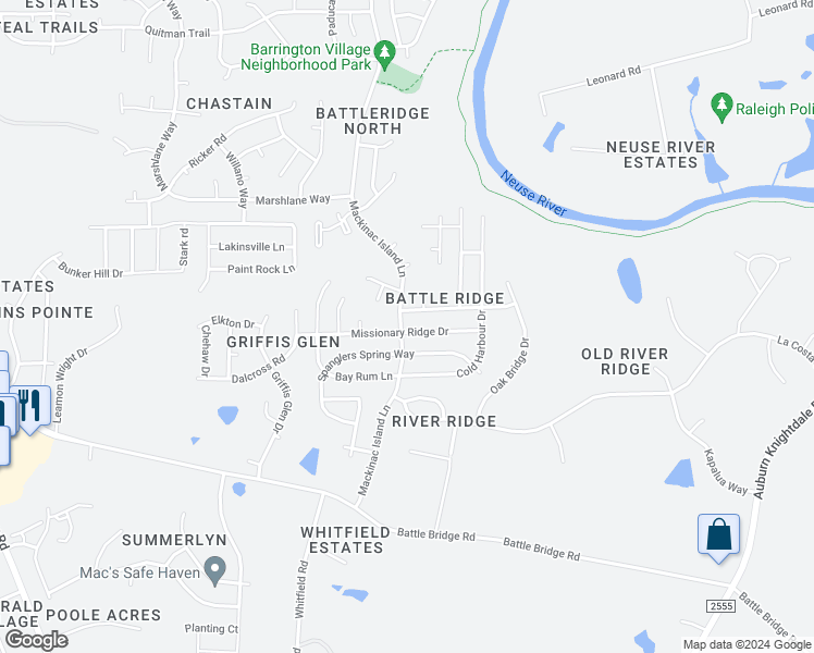 map of restaurants, bars, coffee shops, grocery stores, and more near 7101 Missionary Ridge Drive in Raleigh