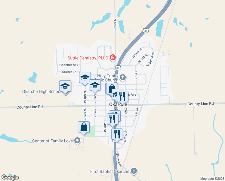 map of restaurants, bars, coffee shops, grocery stores, and more near 315 Kansas Avenue in Okarche