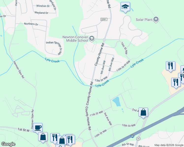 map of restaurants, bars, coffee shops, grocery stores, and more near 1303 County Home Road in Conover