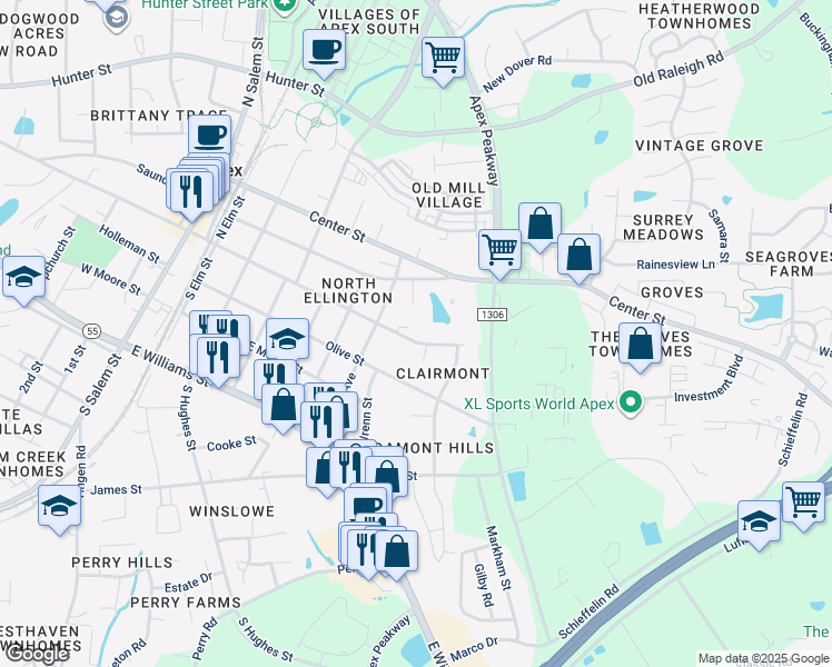 map of restaurants, bars, coffee shops, grocery stores, and more near 713 East Chatham Street in Apex