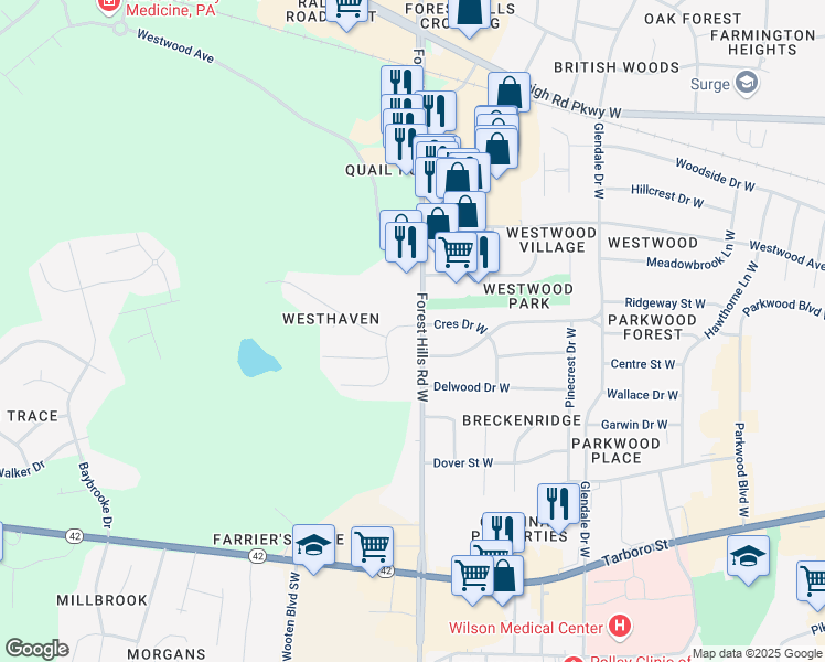 map of restaurants, bars, coffee shops, grocery stores, and more near 2015 Forest Hills Road West in Wilson