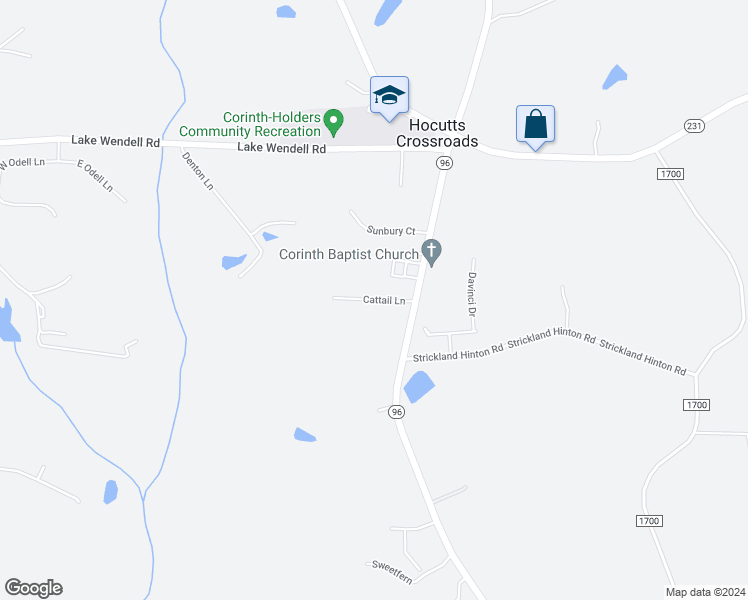 map of restaurants, bars, coffee shops, grocery stores, and more near Cattail Lane in Johnston County
