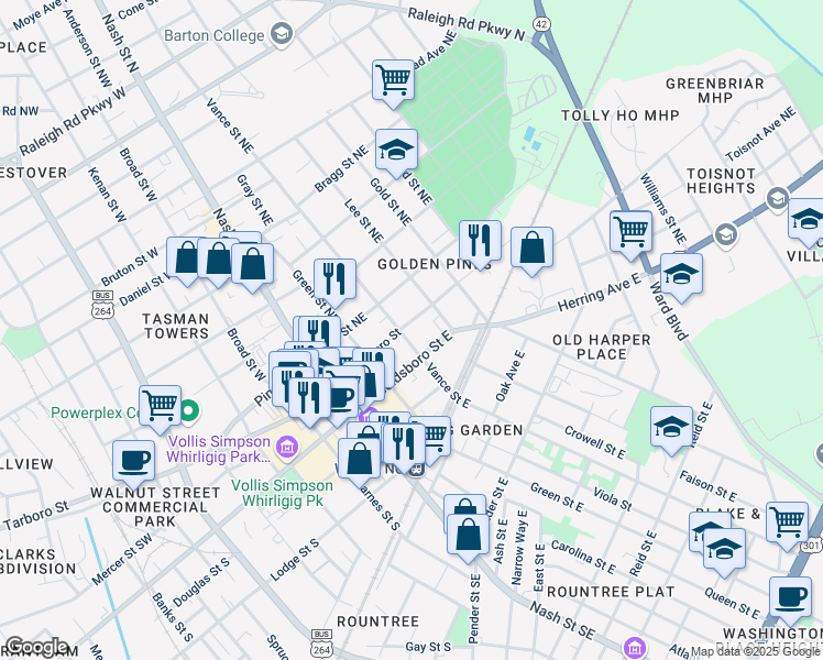 map of restaurants, bars, coffee shops, grocery stores, and more near 302 Tarboro Street Northeast in Wilson