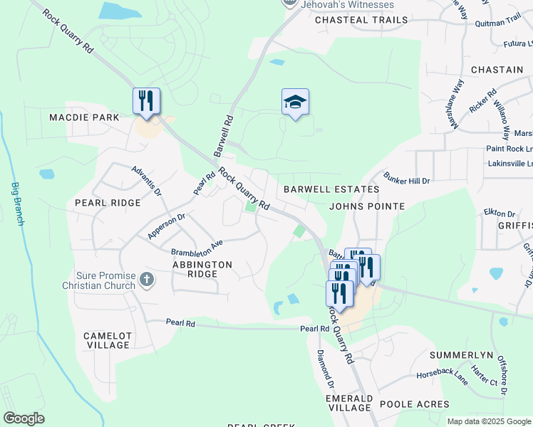 map of restaurants, bars, coffee shops, grocery stores, and more near 6009 Herston Road in Raleigh