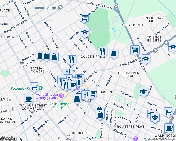 map of restaurants, bars, coffee shops, grocery stores, and more near 302 Tarboro Street Northeast in Wilson
