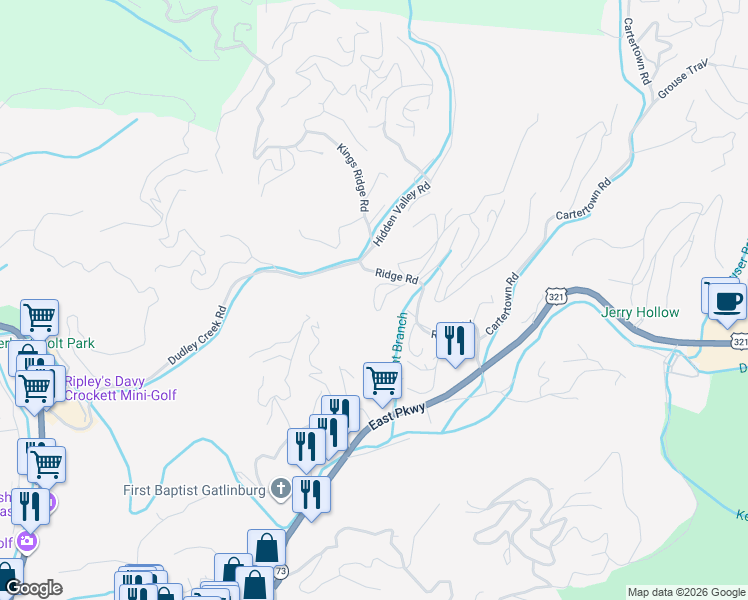 map of restaurants, bars, coffee shops, grocery stores, and more near 646 Ridge Top Loop in Gatlinburg