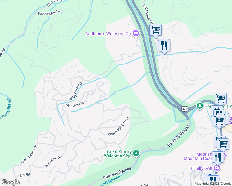 map of restaurants, bars, coffee shops, grocery stores, and more near 1026 Deep Hollow Road in Gatlinburg