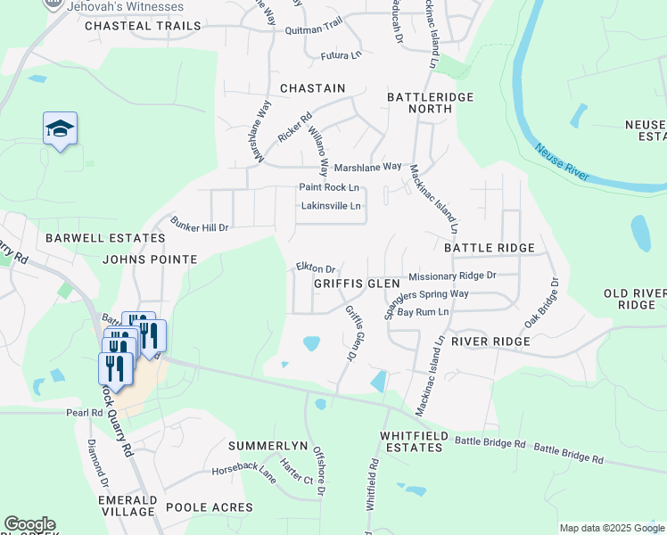 map of restaurants, bars, coffee shops, grocery stores, and more near 4107 Triana Court in Raleigh
