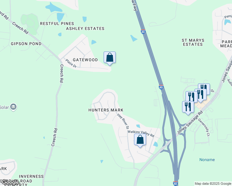 map of restaurants, bars, coffee shops, grocery stores, and more near 668 Hay River Street in Garner