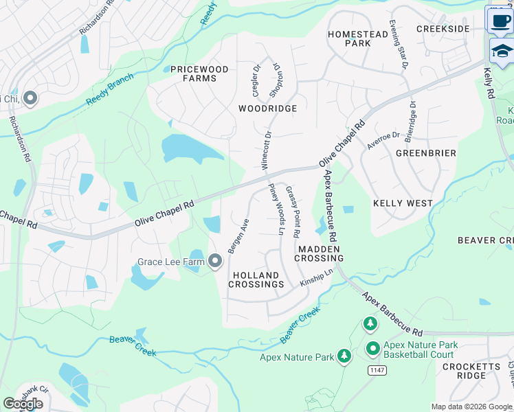 map of restaurants, bars, coffee shops, grocery stores, and more near 209 Bergen Avenue in Apex