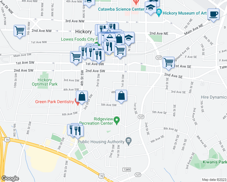 map of restaurants, bars, coffee shops, grocery stores, and more near 211 3rd Avenue Court Southwest in Hickory