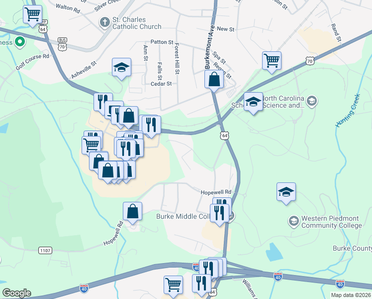 map of restaurants, bars, coffee shops, grocery stores, and more near 200-298 Barbour Drive in Morganton
