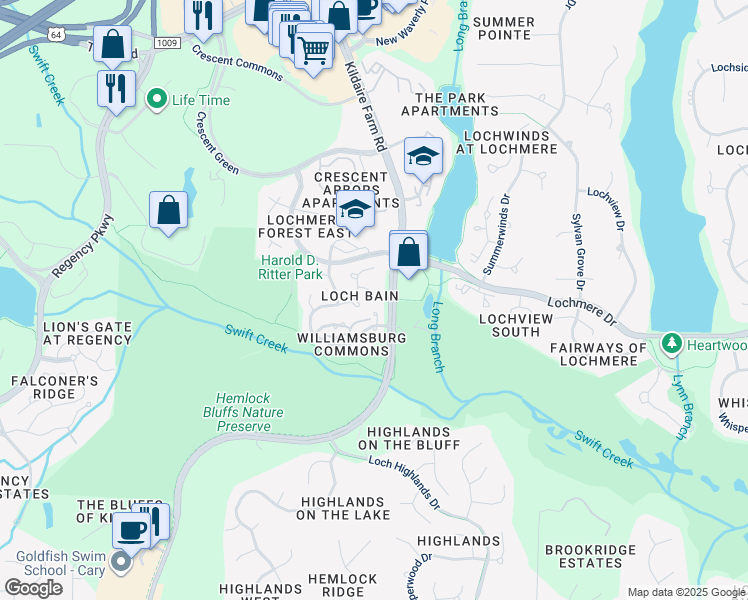 map of restaurants, bars, coffee shops, grocery stores, and more near 104 Macclamrock Court in Cary
