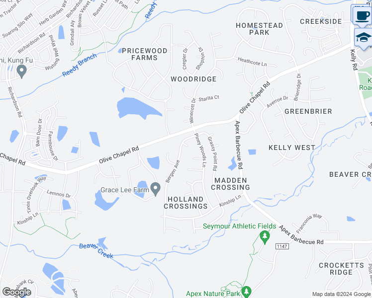 map of restaurants, bars, coffee shops, grocery stores, and more near 102 Alice Court in Apex