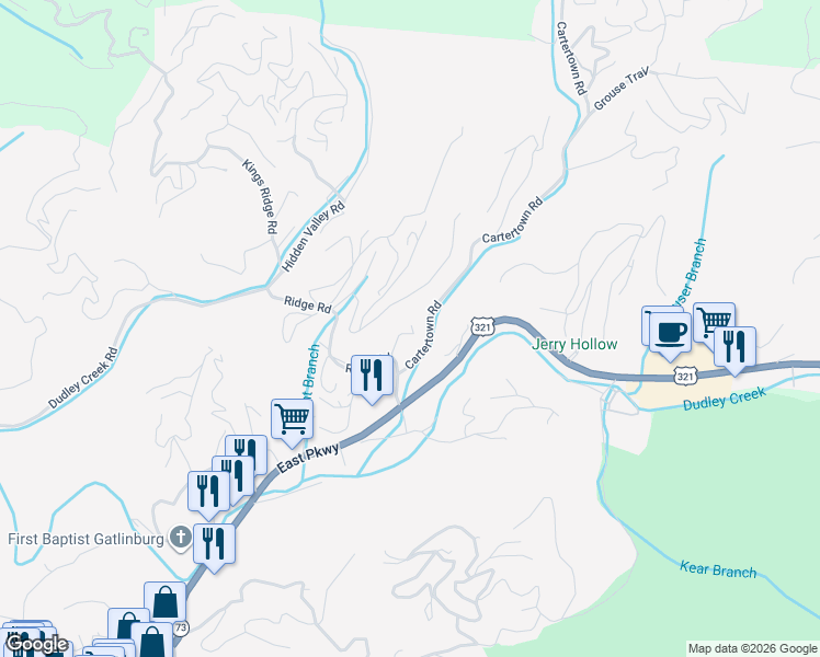 map of restaurants, bars, coffee shops, grocery stores, and more near 739 Ridge Road in Gatlinburg