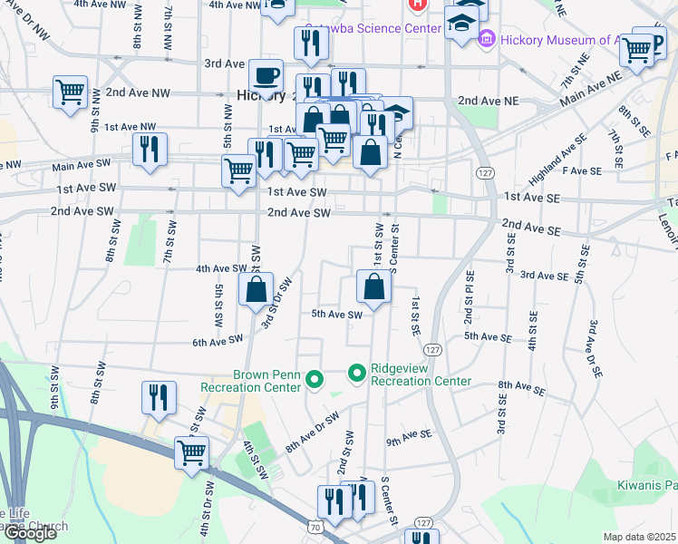 map of restaurants, bars, coffee shops, grocery stores, and more near 417 2nd Street Southwest in Hickory