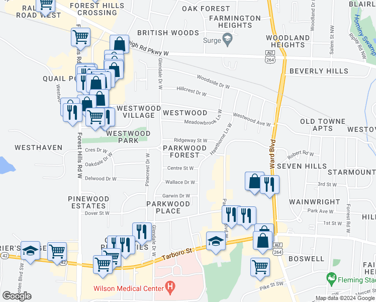 map of restaurants, bars, coffee shops, grocery stores, and more near 1712 Parkway Street West in Wilson