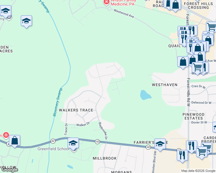 map of restaurants, bars, coffee shops, grocery stores, and more near 3704 Baybrooke Drive West in Wilson