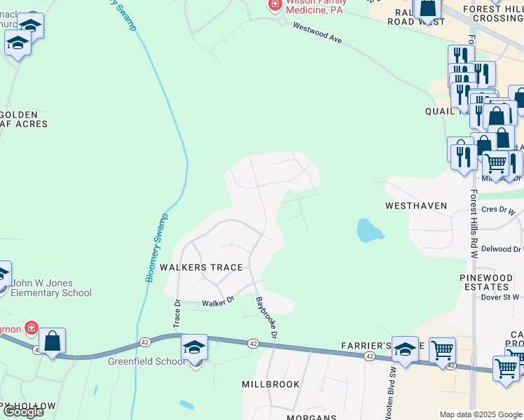 map of restaurants, bars, coffee shops, grocery stores, and more near 3913 Trace Drive in Wilson