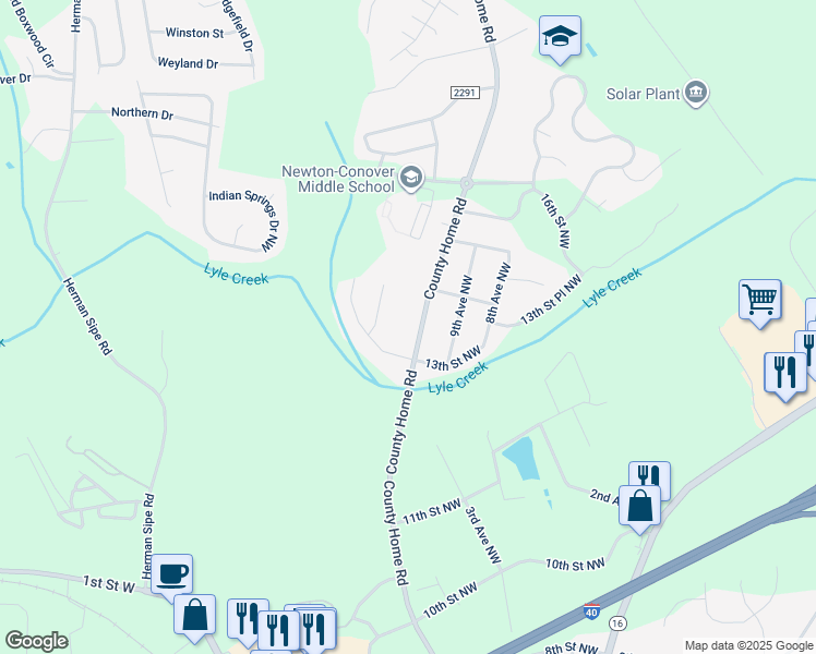 map of restaurants, bars, coffee shops, grocery stores, and more near 1303 County Home Road in Conover