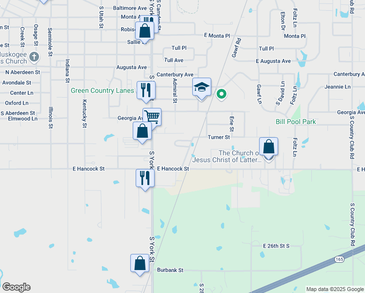 map of restaurants, bars, coffee shops, grocery stores, and more near 1426 Foxcroft Drive in Muskogee