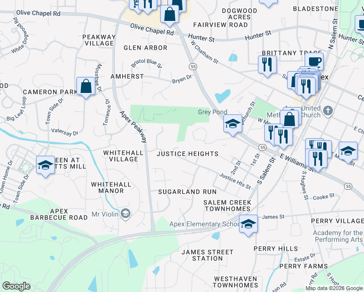 map of restaurants, bars, coffee shops, grocery stores, and more near 604 Bullock Court in Apex
