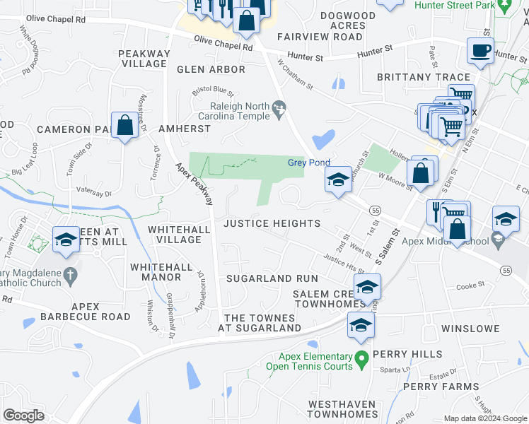 map of restaurants, bars, coffee shops, grocery stores, and more near 604 Bullock Court in Apex