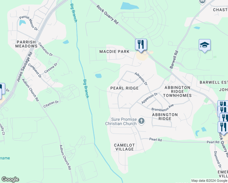 map of restaurants, bars, coffee shops, grocery stores, and more near 5505 Landreaux Drive in Raleigh