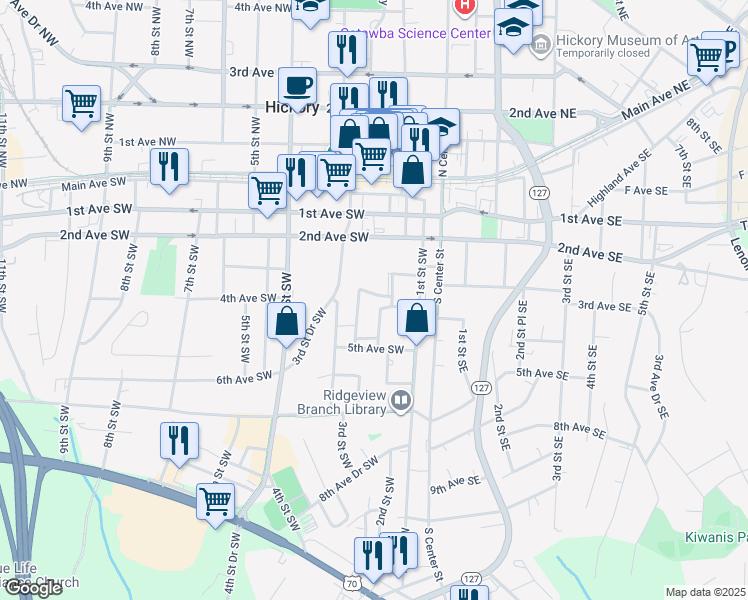 map of restaurants, bars, coffee shops, grocery stores, and more near 417 2nd Street Southwest in Hickory