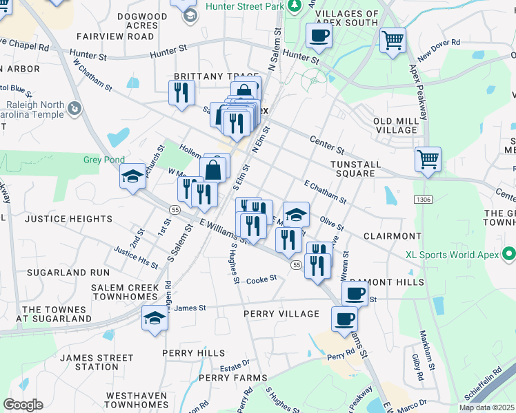 map of restaurants, bars, coffee shops, grocery stores, and more near 209 South Hughes Street in Apex