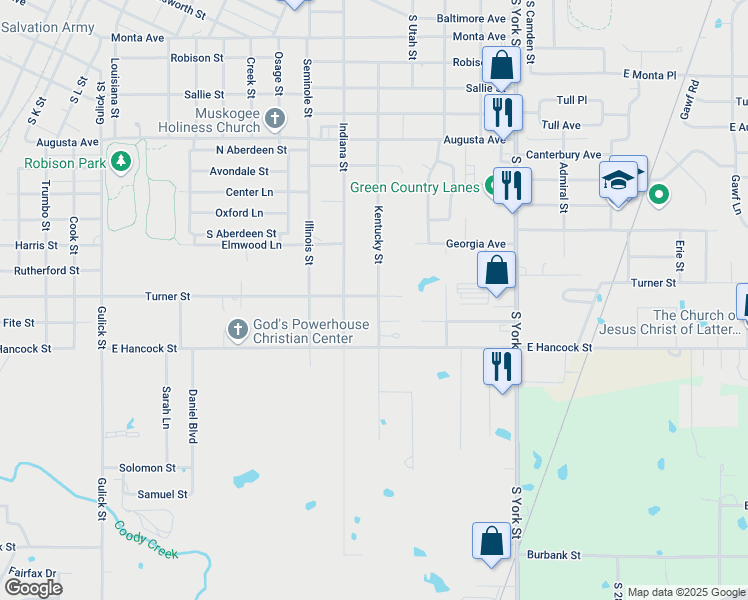 map of restaurants, bars, coffee shops, grocery stores, and more near 1301 Kentucky Street in Muskogee