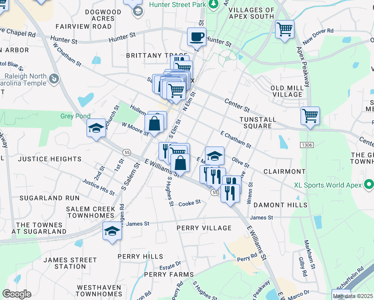 map of restaurants, bars, coffee shops, grocery stores, and more near 209 South Hughes Street in Apex