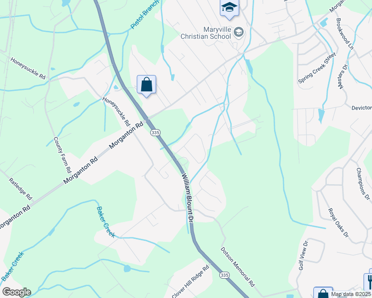 map of restaurants, bars, coffee shops, grocery stores, and more near Enterprise Way in Maryville
