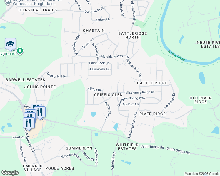 map of restaurants, bars, coffee shops, grocery stores, and more near 4265 Dalcross Road in Raleigh