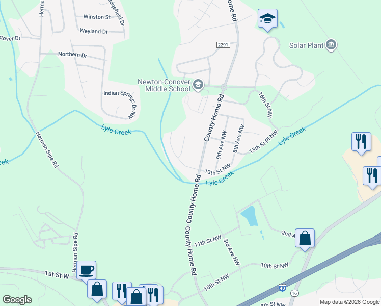 map of restaurants, bars, coffee shops, grocery stores, and more near 1317 County Home Rd in Conover