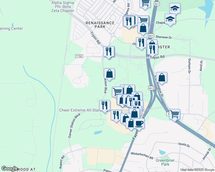 map of restaurants, bars, coffee shops, grocery stores, and more near 3761 Junction Boulevard in Raleigh