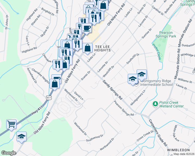 map of restaurants, bars, coffee shops, grocery stores, and more near 1773 Leconte Drive in Maryville